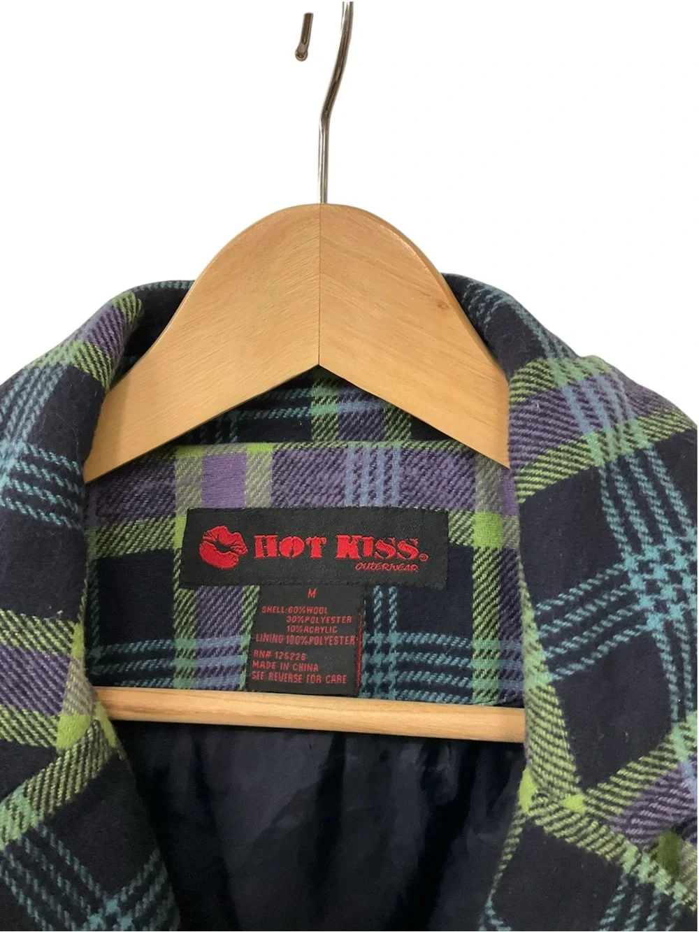 Y2K Vintage Hot Kiss Wool Blend Green Purple Plaid Bomber Jacket M